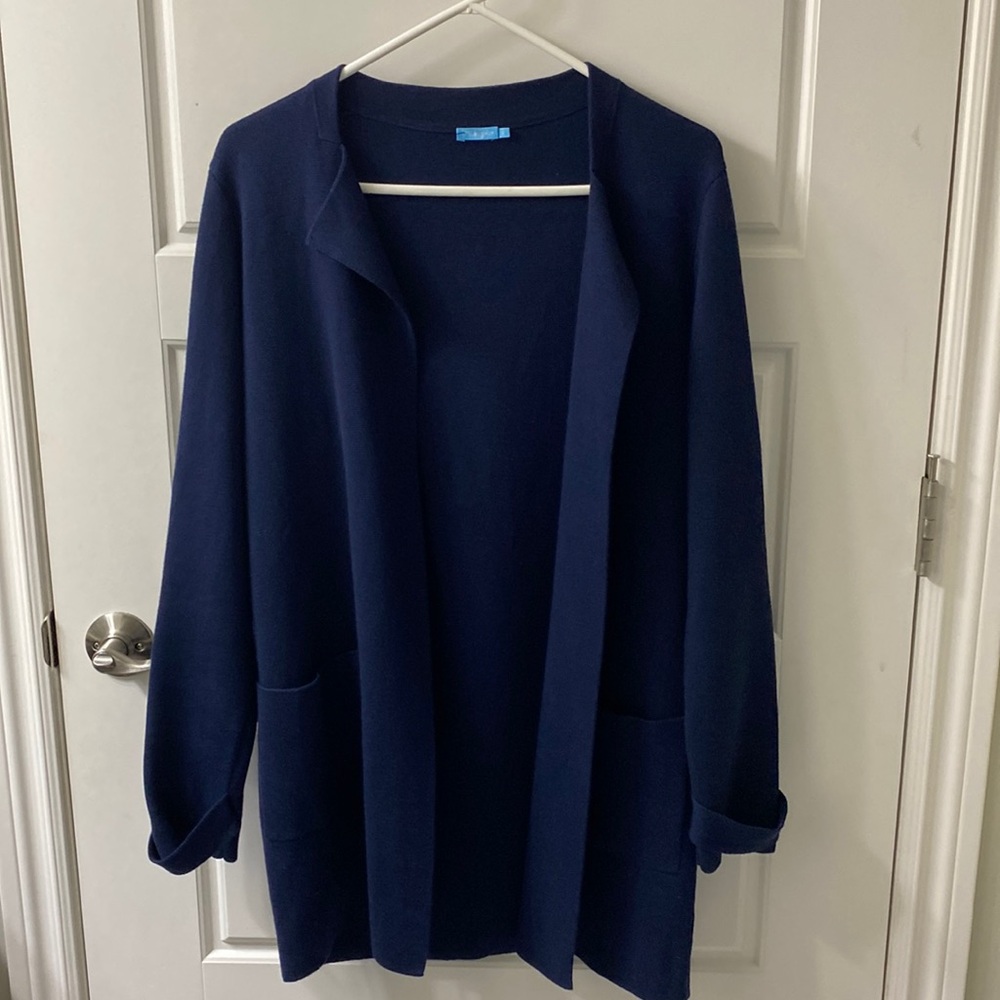 J McLaughlin long open front cardigan navy blue cotton model blend size small